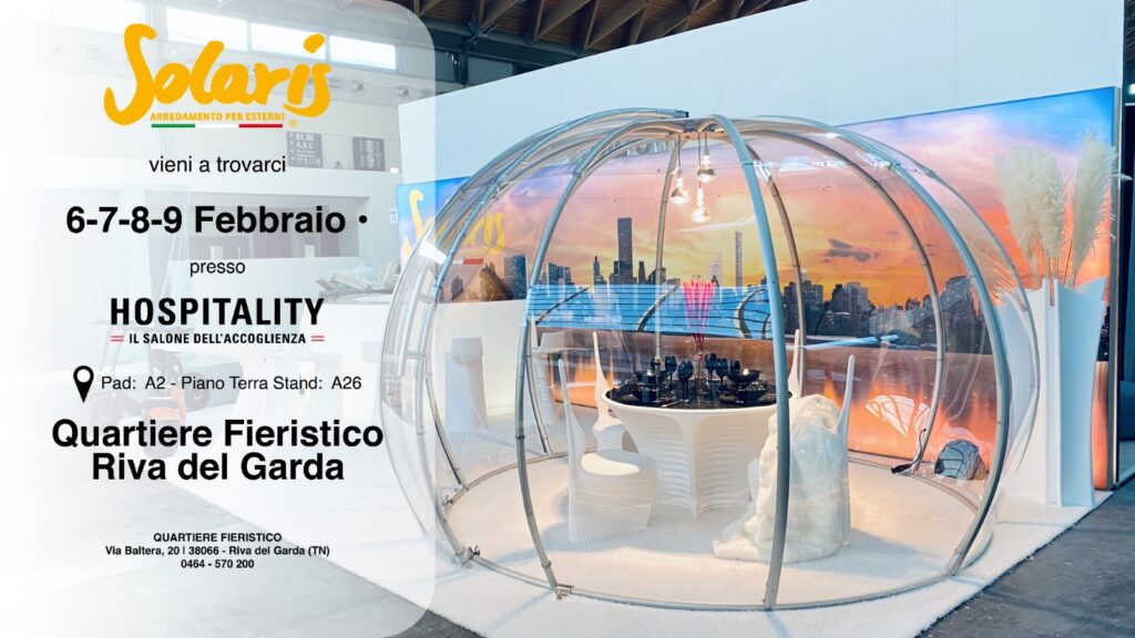 Locandina di partecipazione di Solaris per l'evento fiera Hospitality il salone dell'accoglienza a Riva del Garda 2023
